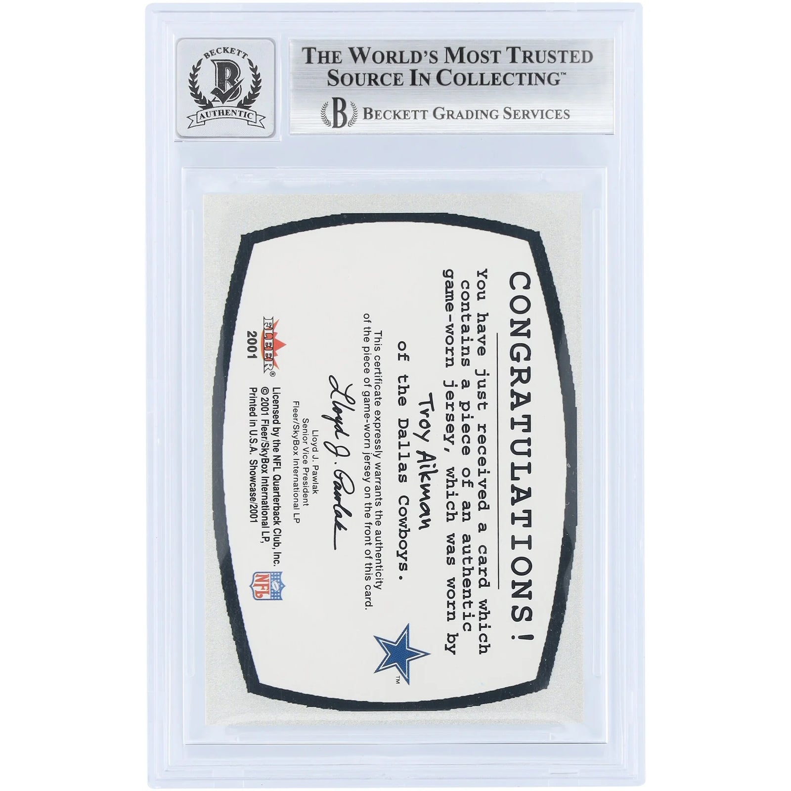 Troy Aikman Signed 2001 Fleer Showcase Patchwork Jersey Relic | Beckett 10