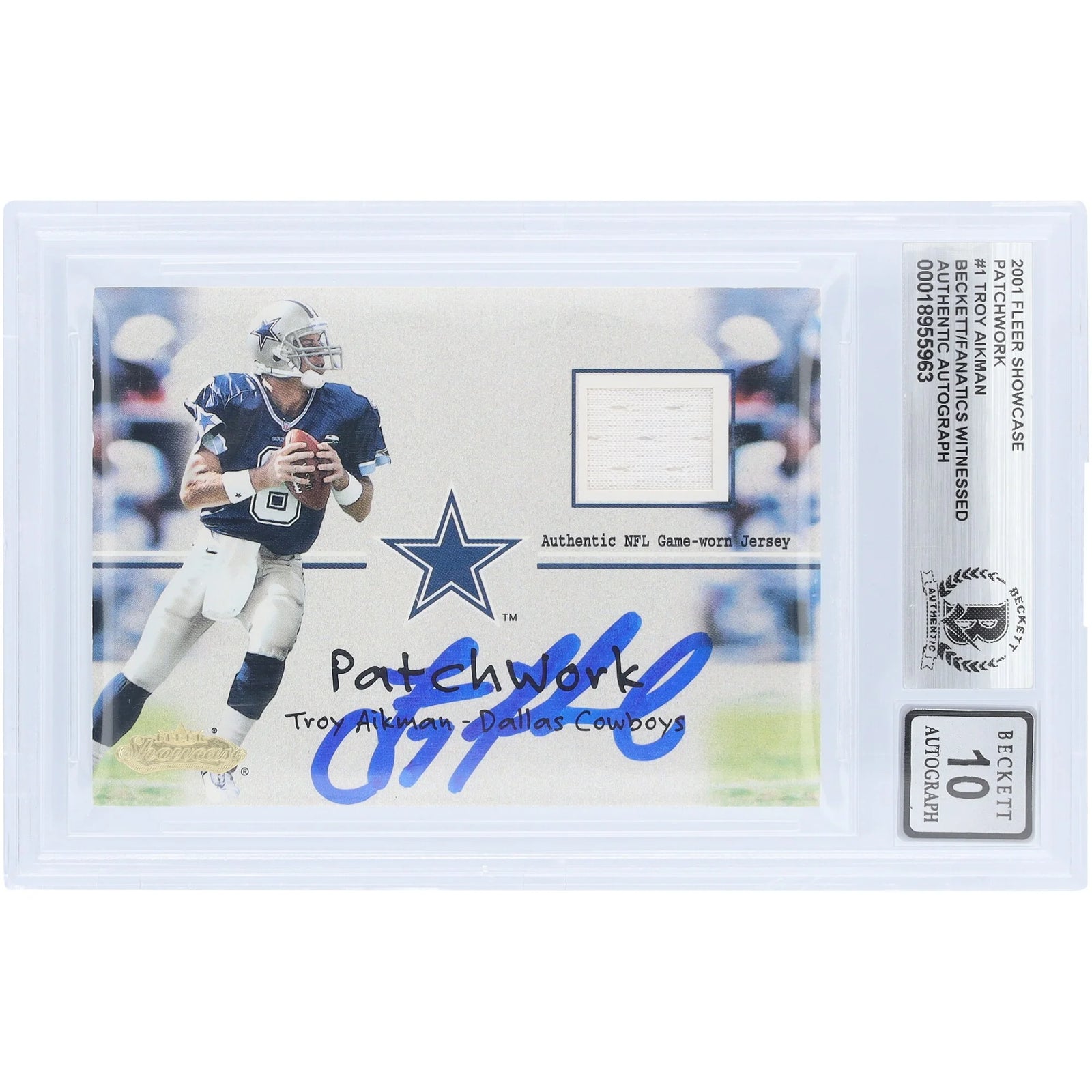 Troy Aikman Signed 2001 Fleer Showcase Patchwork Jersey Relic | Beckett 10