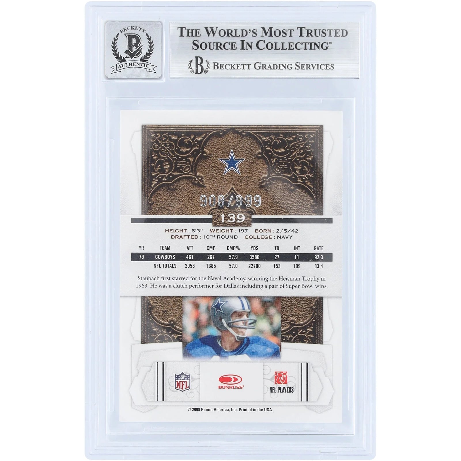 Roger Staubach Signed 2009 Donruss Classics #139 Card | Graded 9
