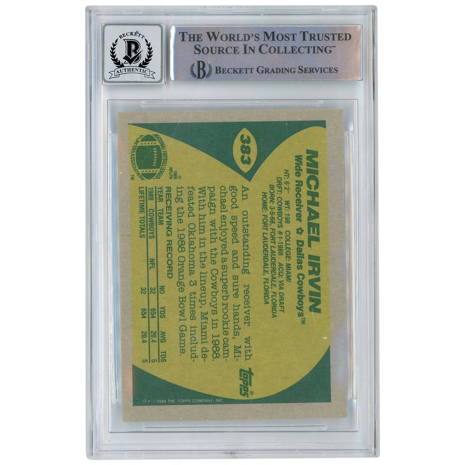 Michael Irvin Signed 1989 Topps #383 Rookie Card | BGS 10