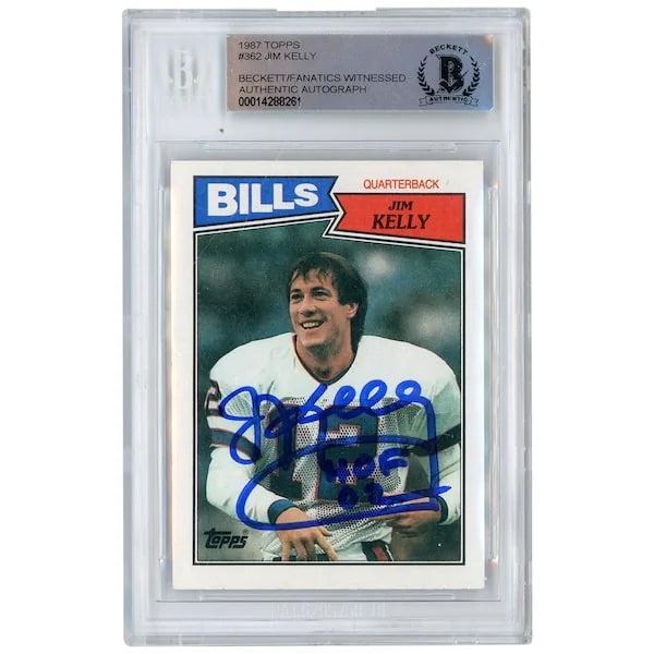 Jim Kelly Buffalo Bills Autographed 1987 Topps #362 Beckett Fanatics Witnessed Authenticated Rookie Card with "HOF 02" Inscription - F2