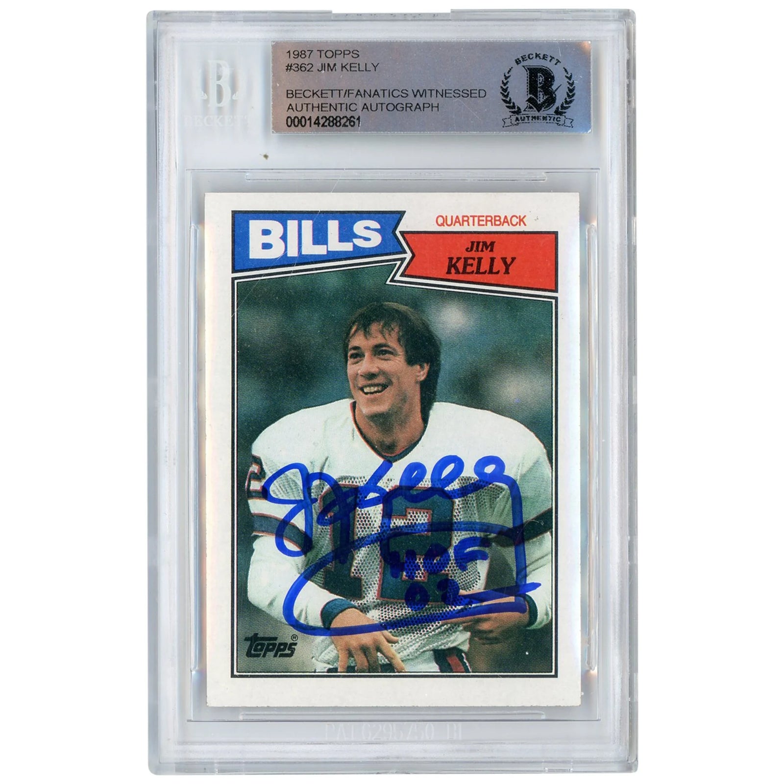 Jim Kelly Buffalo Bills Autographed 1987 Topps #362 Beckett Fanatics Witnessed Authenticated Rookie Card with "HOF 02" Inscription - F2