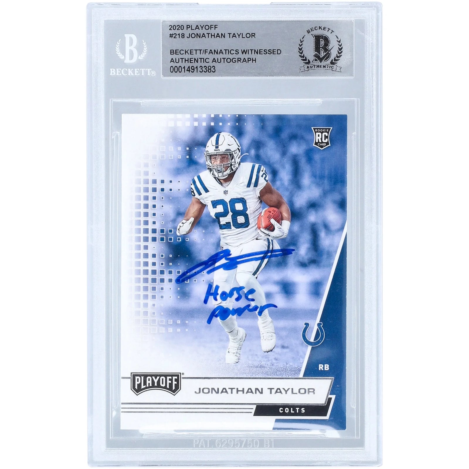 Jonathan Taylor Signed 2020 Panini Playoff #218 Rookie Card | Horse Power Inscription
