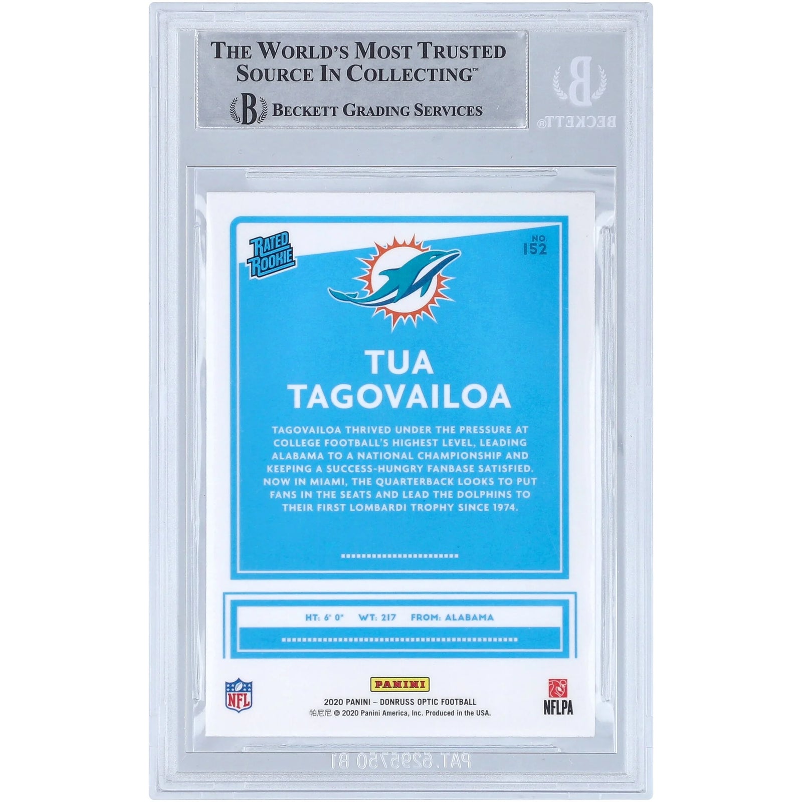 Tua Tagovailoa Signed 2020 Panini Donruss Optic Rated Rookie #152 | Beckett Authenticated