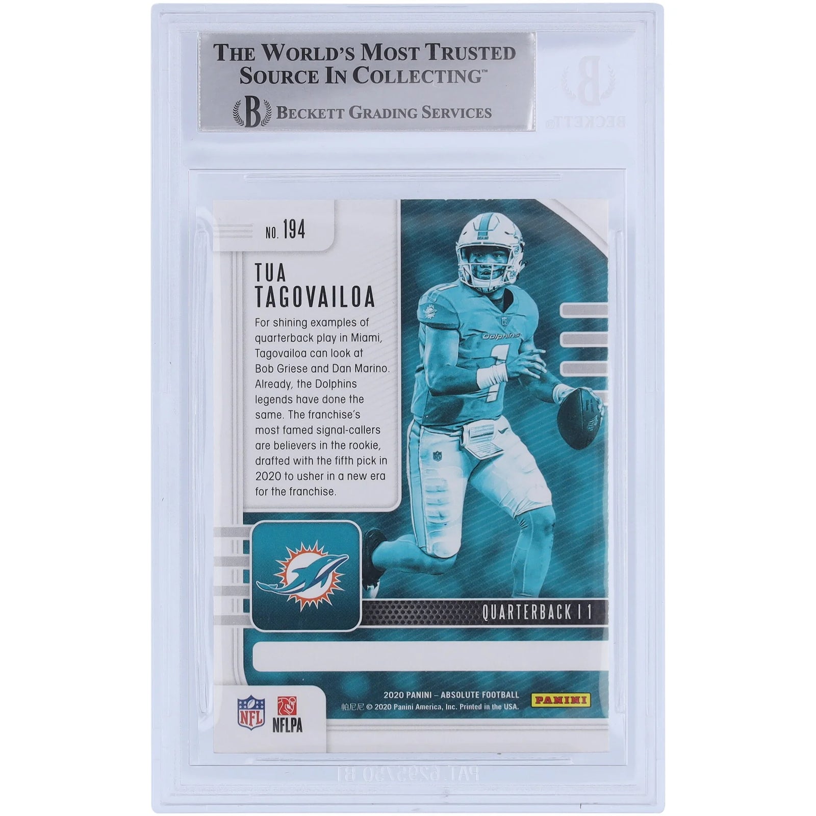 Tua Tagovailoa Miami Dolphins Autographed 2020 Panini Absolute #194 Beckett Fanatics Witnessed Authenticated Rookie Card - F3
