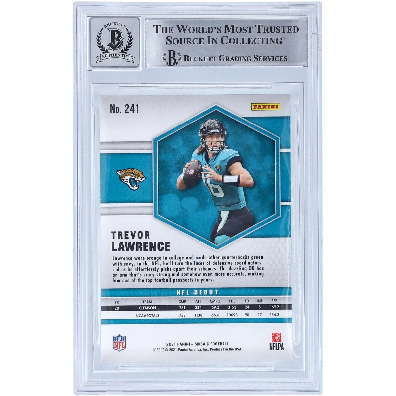 Trevor Lawrence Signed 2021 Panini Mosaic NFL Debut #241 Rookie Card | Beckett 10