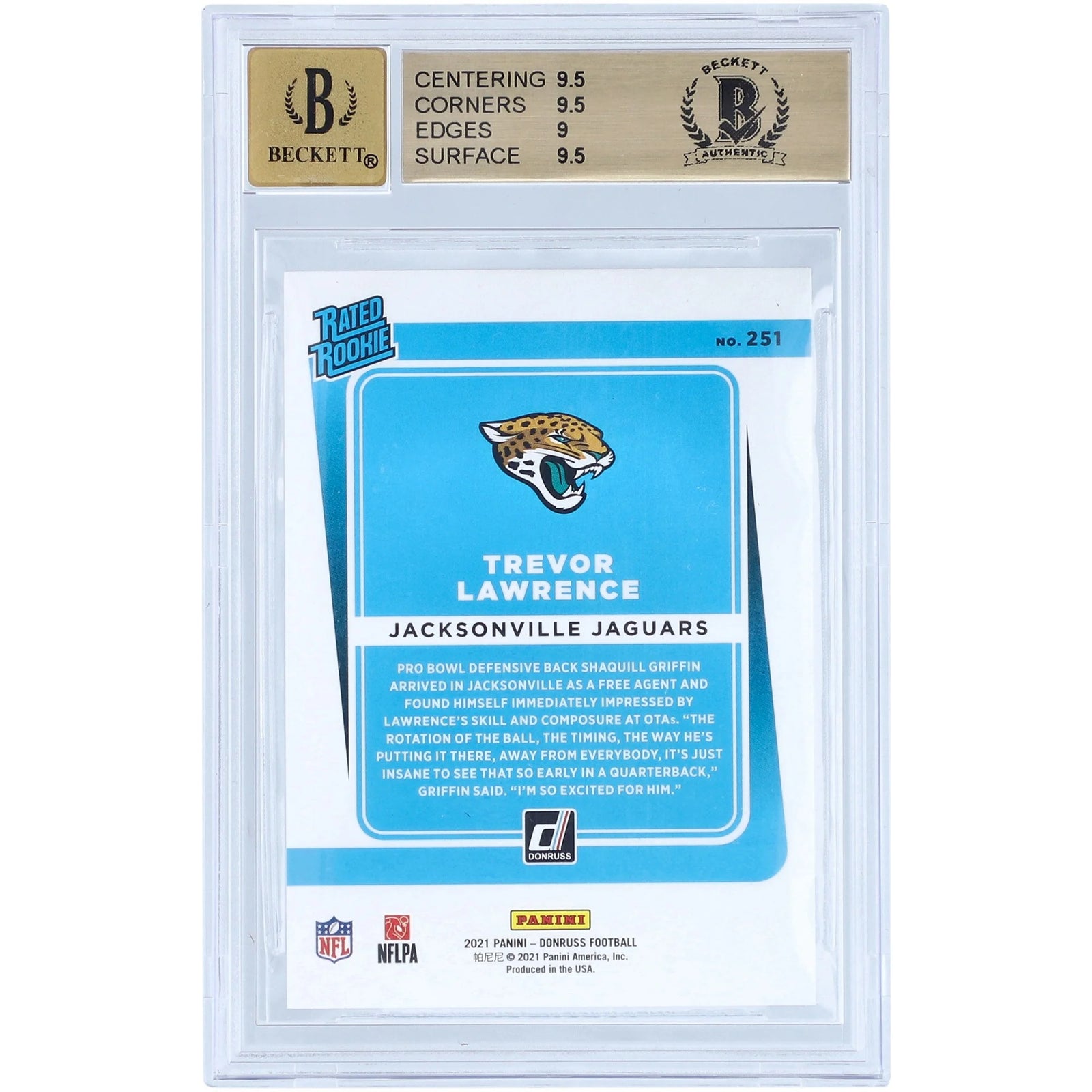 Trevor Lawrence Signed 2021 Panini Donruss Rated Rookie #251 | Graded 9.5