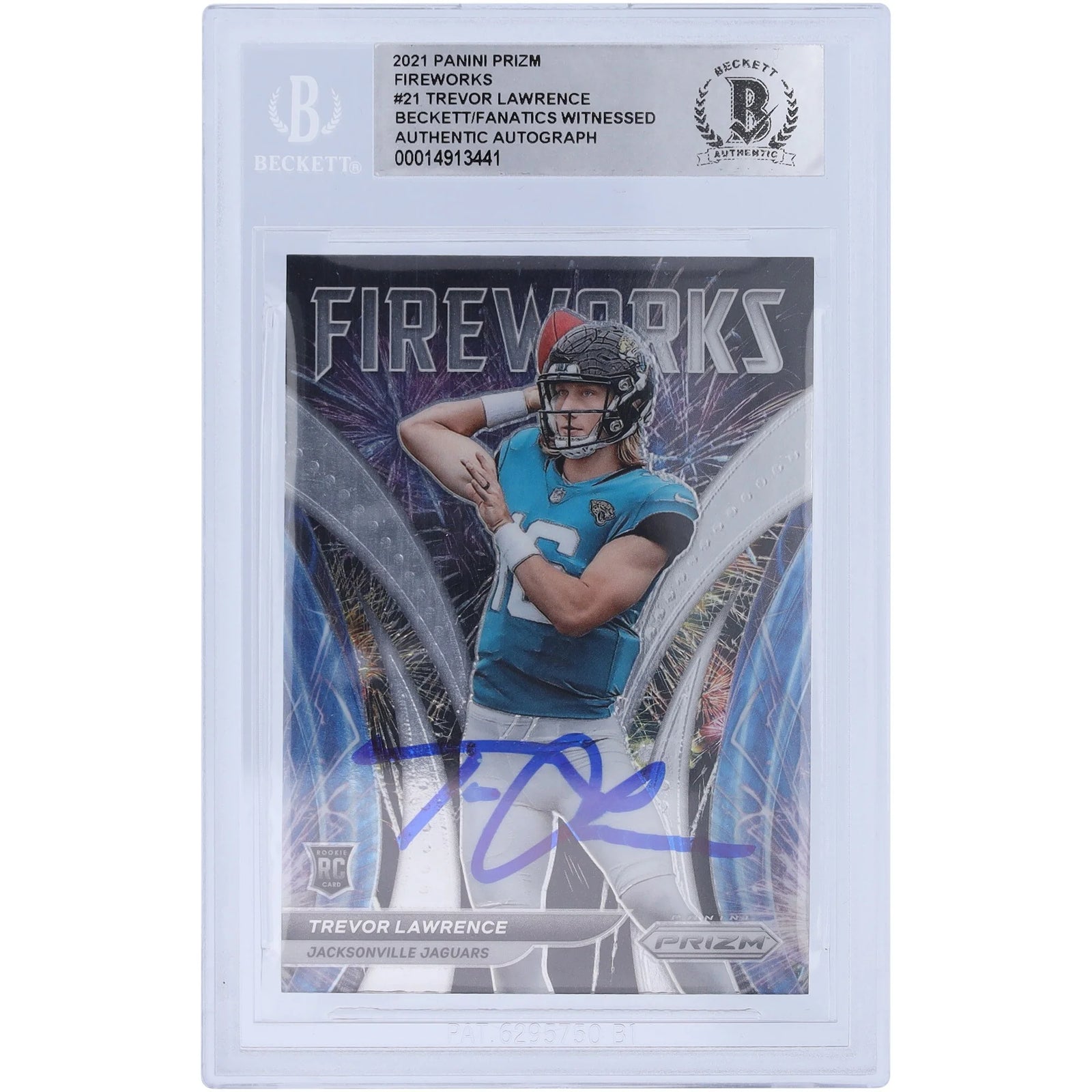 Trevor Lawrence Signed 2021 Panini Prizm Fireworks Rookie Card | Beckett Authenticated