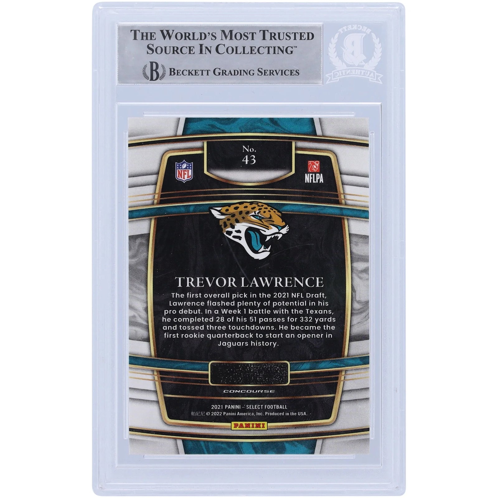 Trevor Lawrence Jacksonville Jaguars Autographed 2021 Panini Select Concourse #43 Beckett Fanatics Witnessed Authenticated Rookie Card - F2