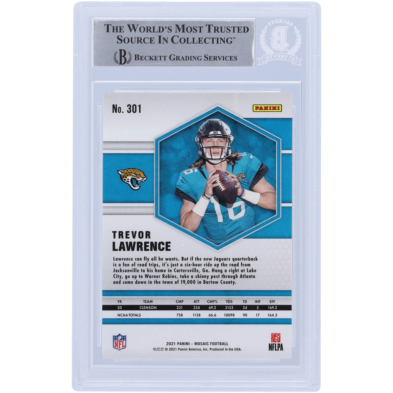Trevor Lawrence Jacksonville Jaguars Autographed 2021 Panini Mosaic #301 Beckett Fanatics Witnessed Authenticated Rookie Card - F2