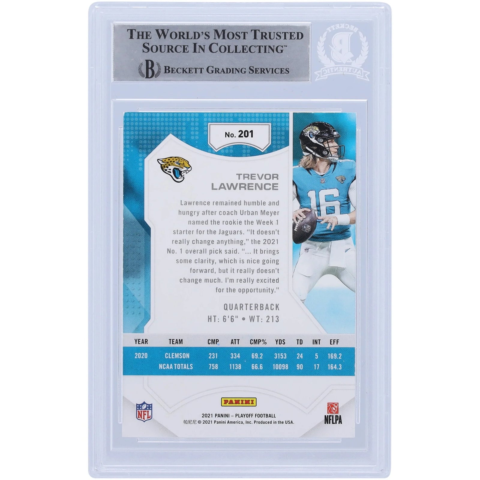 Trevor Lawrence Jacksonville Jaguars Autographed 2021 Panini Playoff #201 Beckett Fanatics Witnessed Authenticated Rookie Card - F2