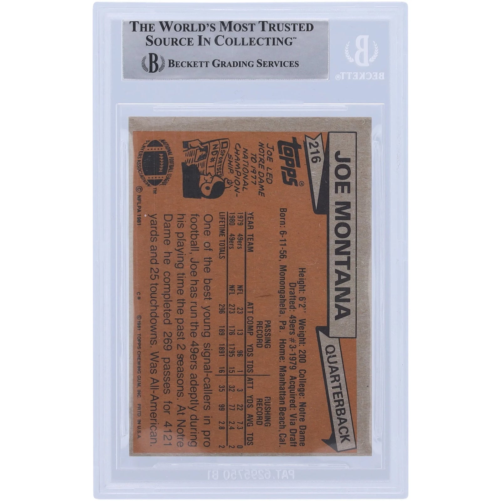 Joe Montana Signed 1981 Topps #216 Rookie Card | HOF 2000 Inscription