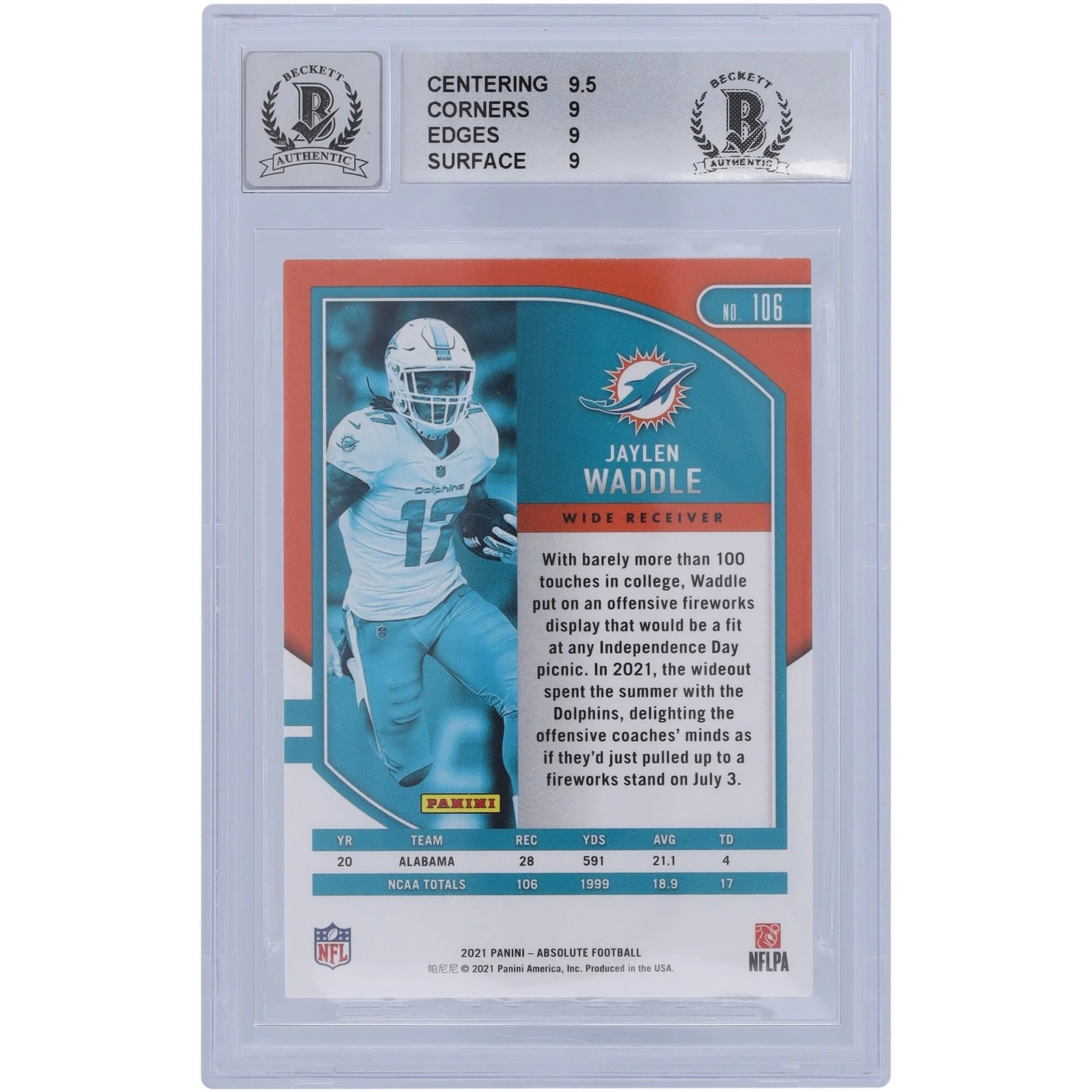 Jaylen Waddle Signed 2021 Panini Absolute #106 Rookie Card | BGS 9 Autograph