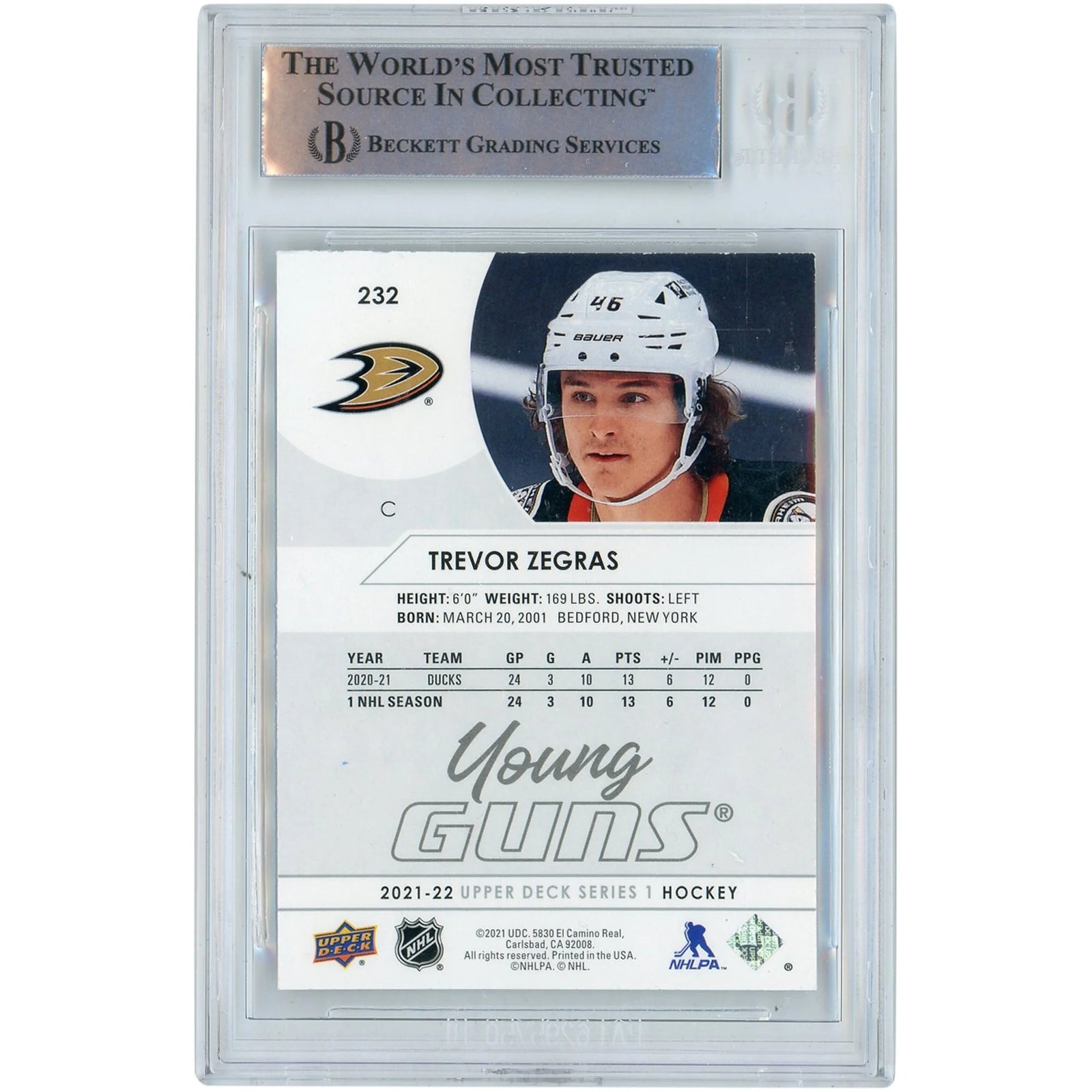 Trevor Zegras Signed 2021-22 Upper Deck Young Guns #232 Rookie Card