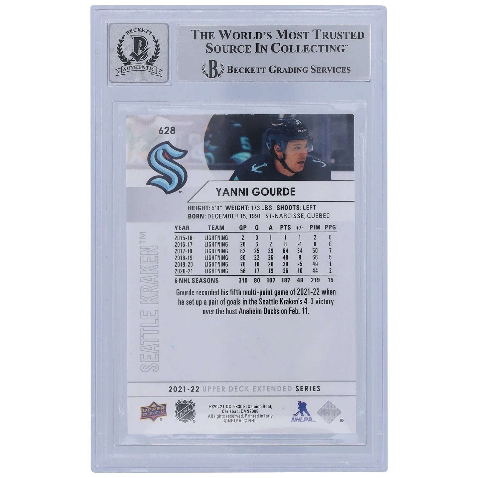 Yanni Gourde Signed 2021-22 Upper Deck Extended Series #628 Card | BGS 10