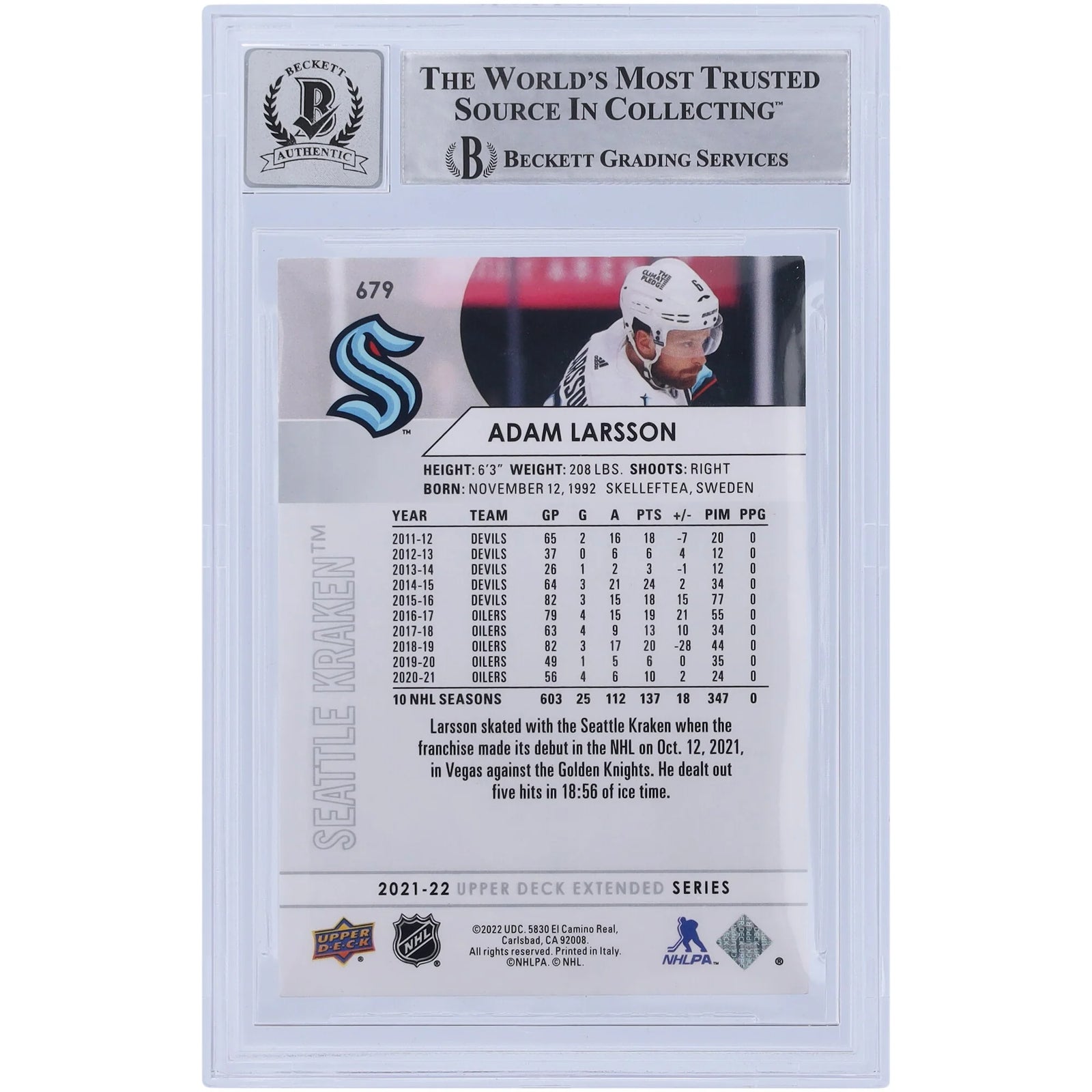 Adam Larsson Signed 2021-22 Upper Deck #679 Card | BGS 10 Autograph