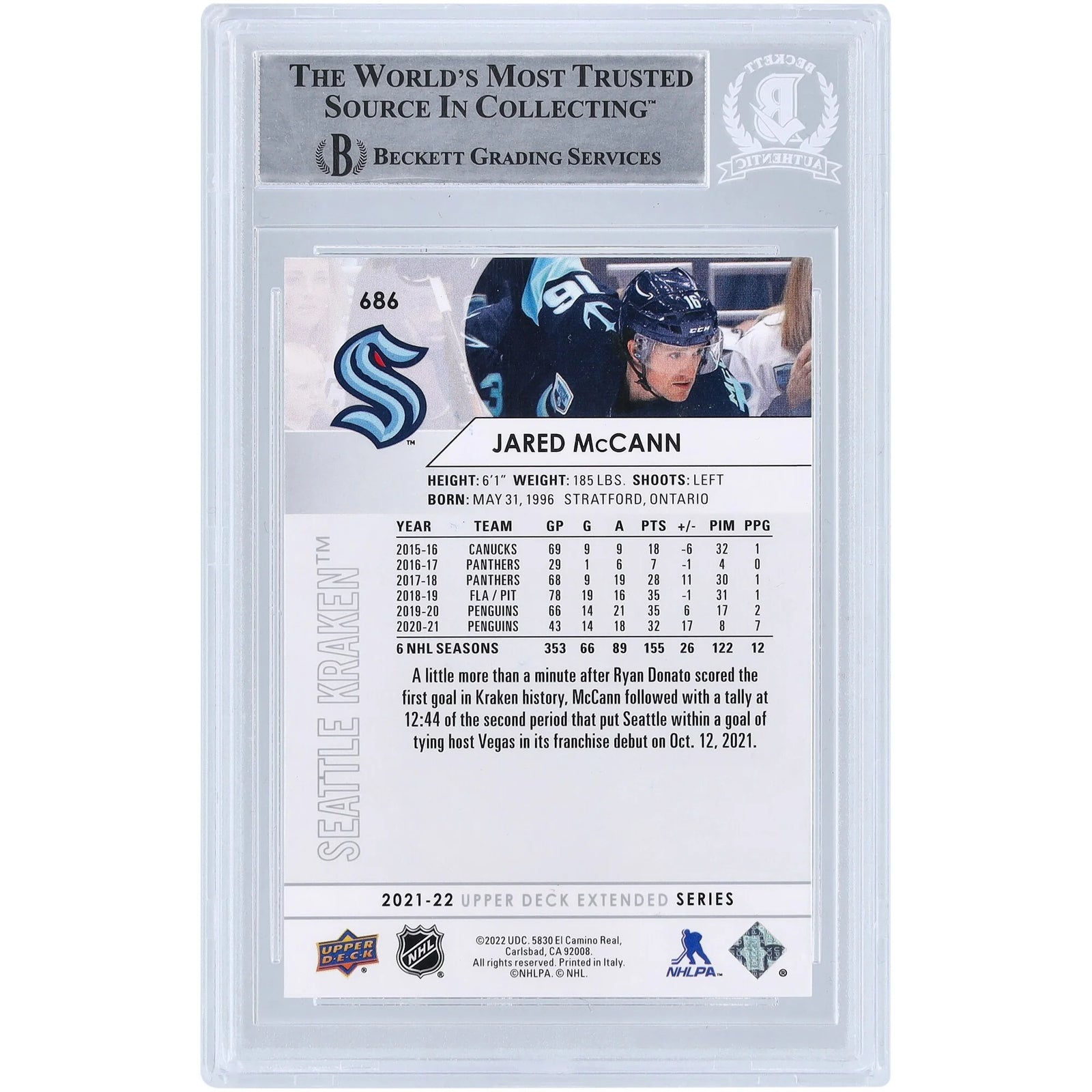 Jared McCann Signed 2021-22 Upper Deck Extended Series #686 Card | Authenticated