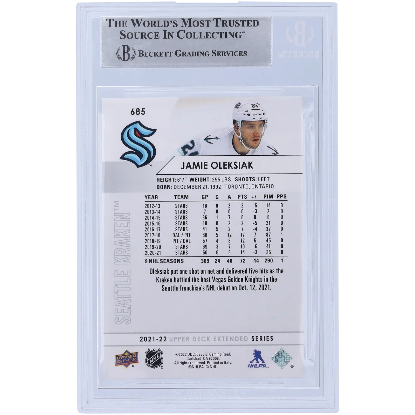 Jamie Oleksiak Signed 2021-22 Upper Deck Extended Series #685 Card | Beckett Authenticated