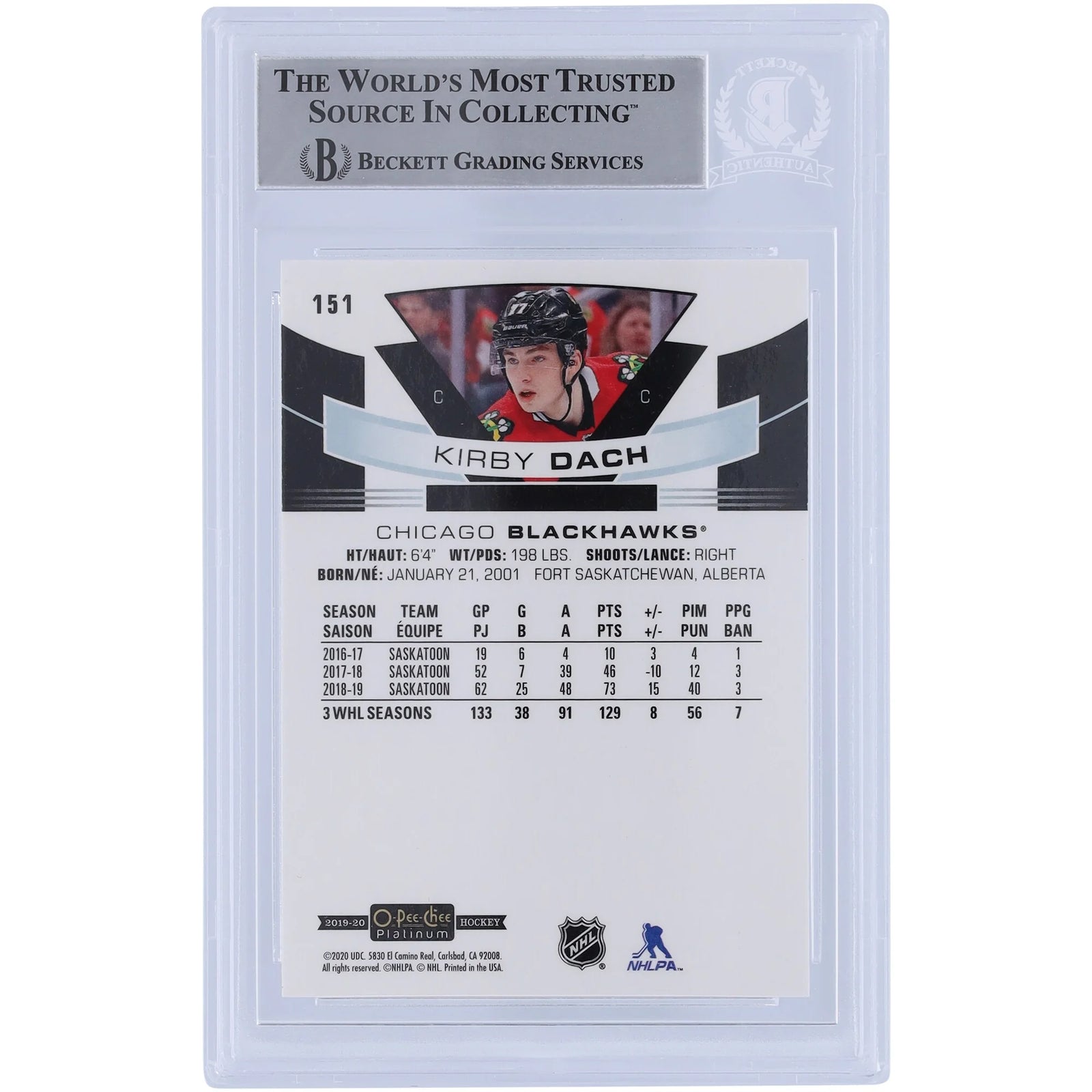 Kirby Dach Signed 2019-20 Upper Deck O-Pee-Chee Platinum Rookie #151 Card | BGS 10 Autogra
