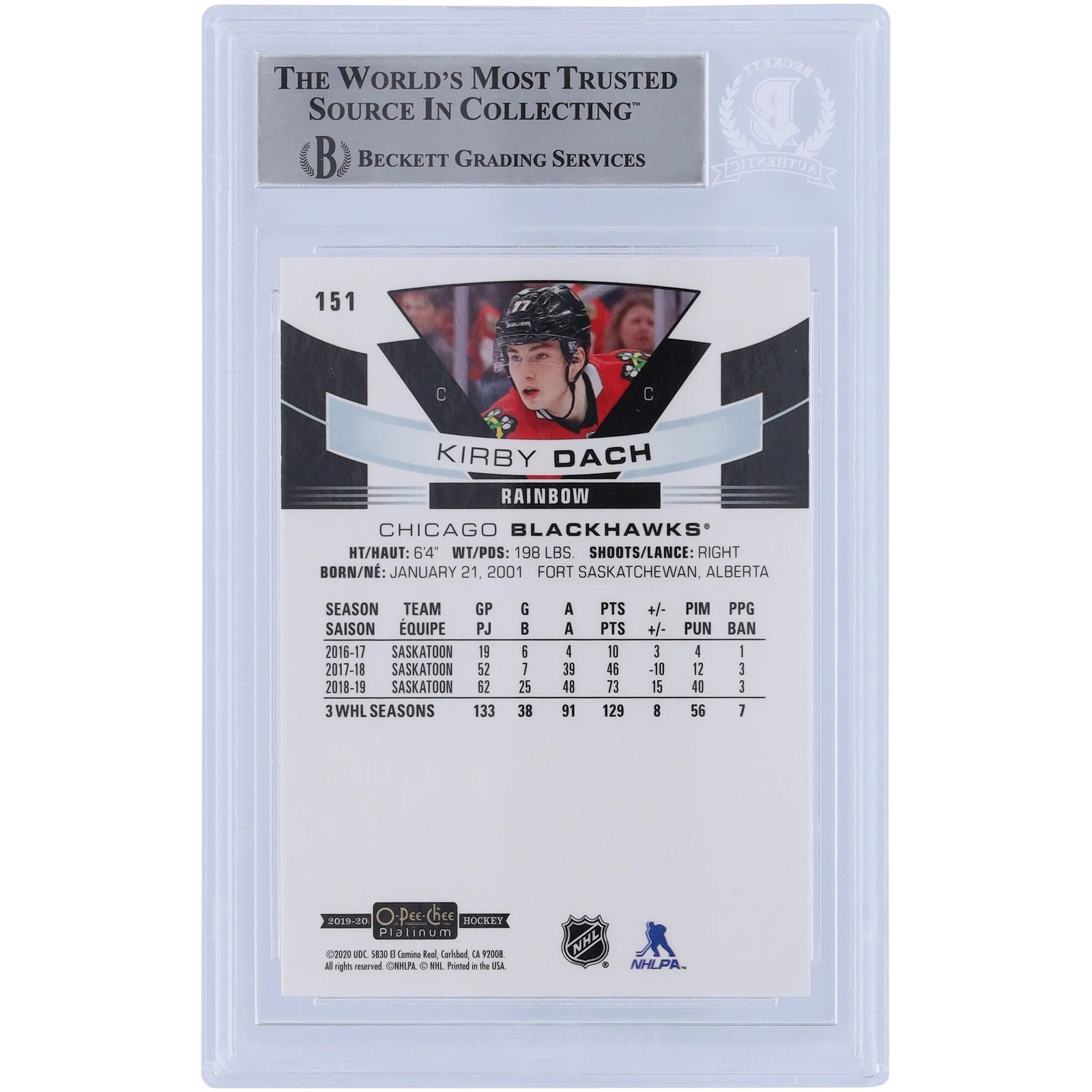 Kirby Dach Signed 2019-20 Upper Deck O-Pee-Chee Platinum Rookie #151 Card | BGS 10 Autogra