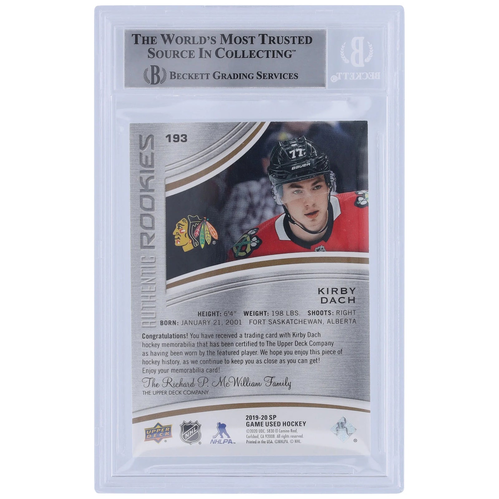 Kirby Dach Signed 2019-20 Upper Deck SP Game Used Rookie #193 Card | BGS 10 Autograph