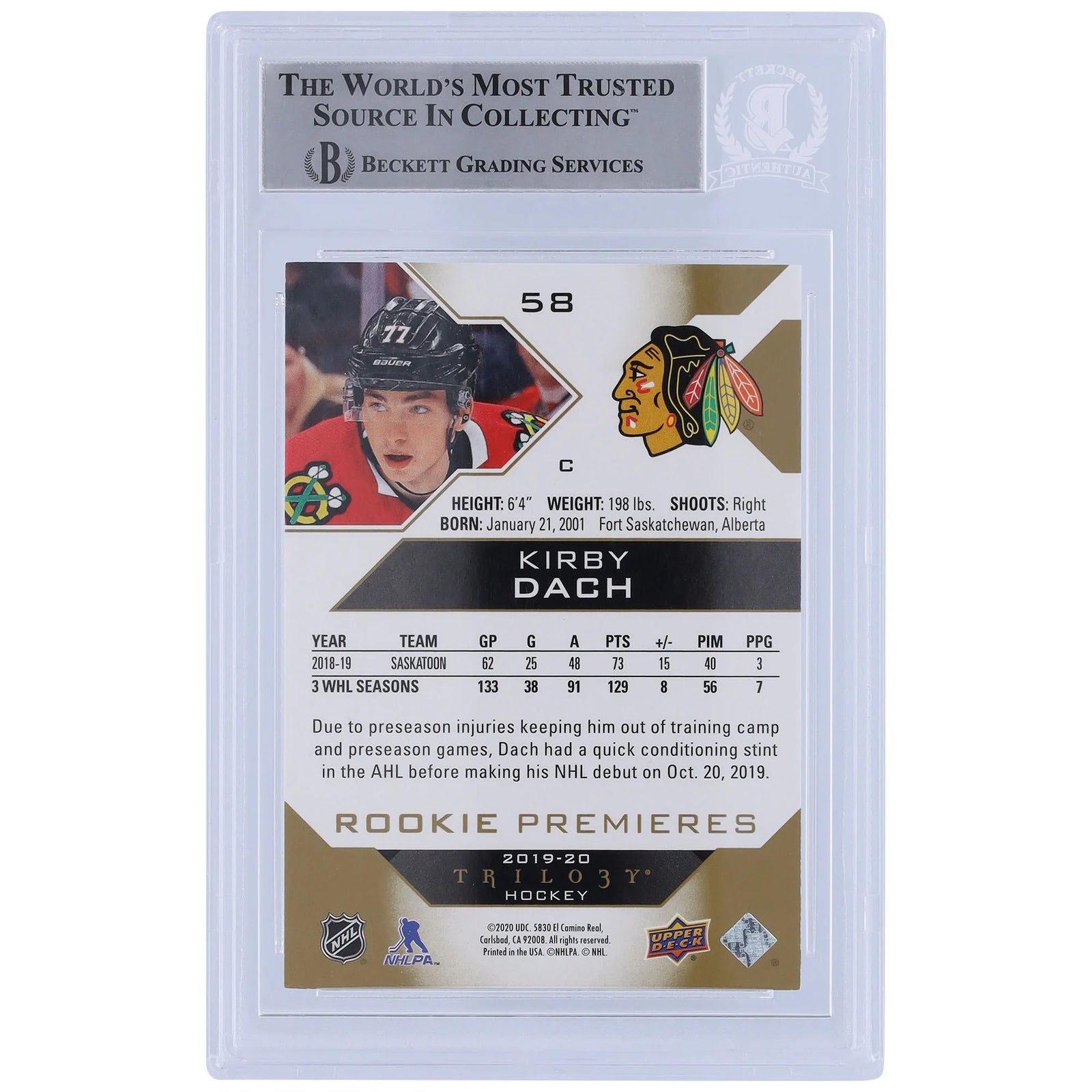 Kirby Dach Signed 2019-20 Upper Deck Trilogy Rookie Card | BGS 10 Autograph
