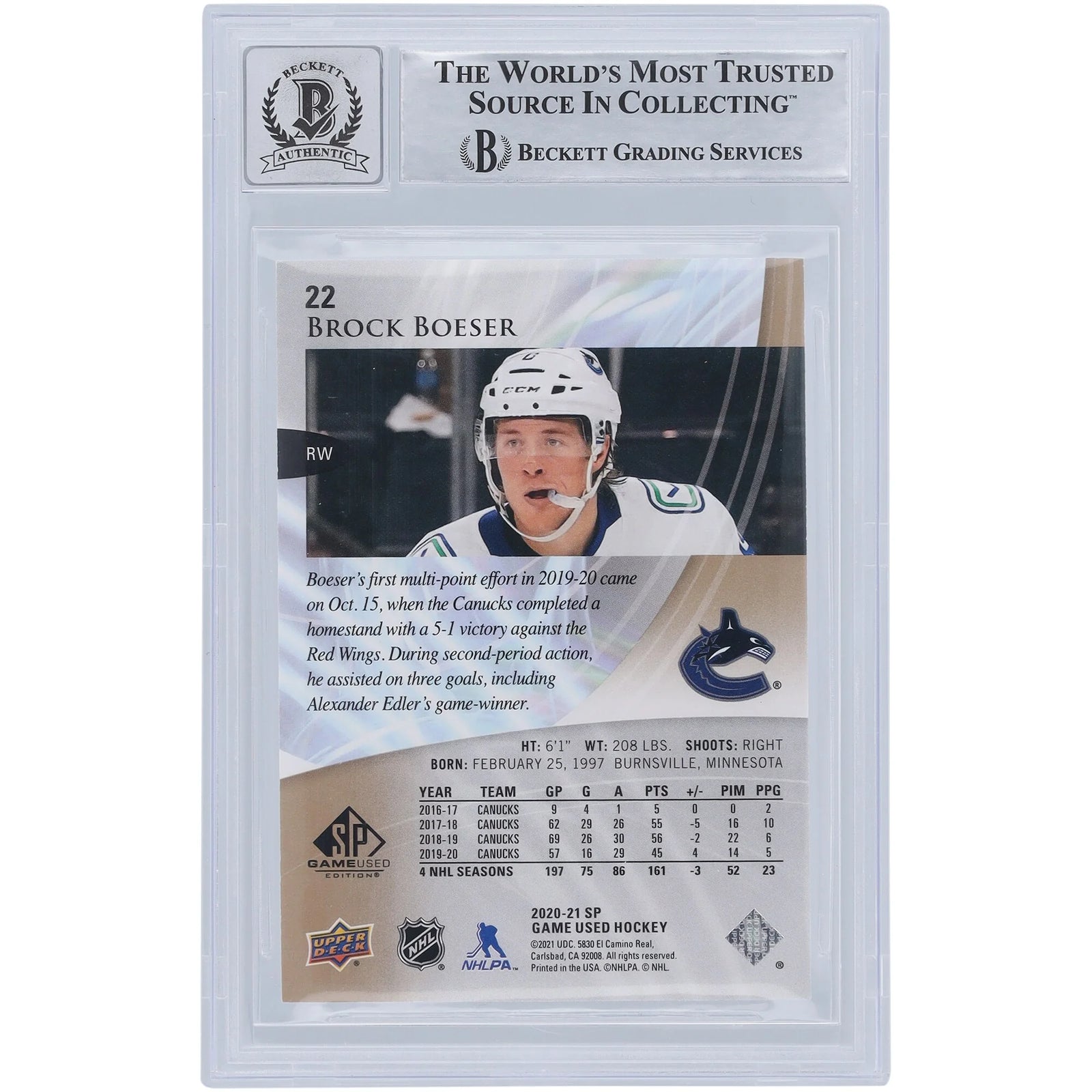 Brock Boeser Signed 2020-21 Upper Deck SP Game Used #22 Card | Beckett 10