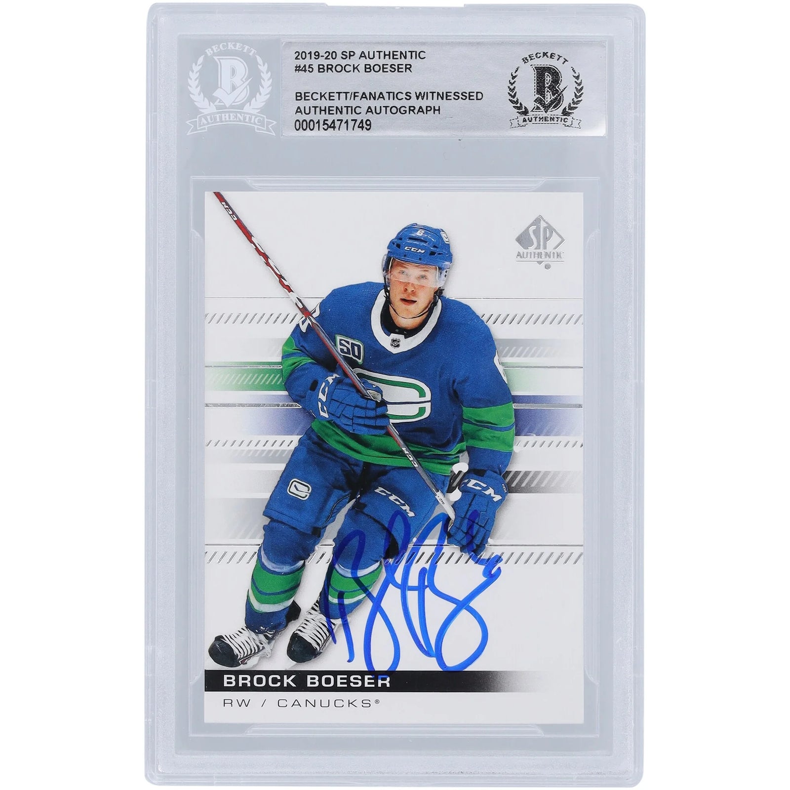 Brock Boeser Vancouver Canucks Autographed 2019-20 Upper Deck SP Authentic #45 Beckett Fanatics Witnessed Authenticated Card - F2