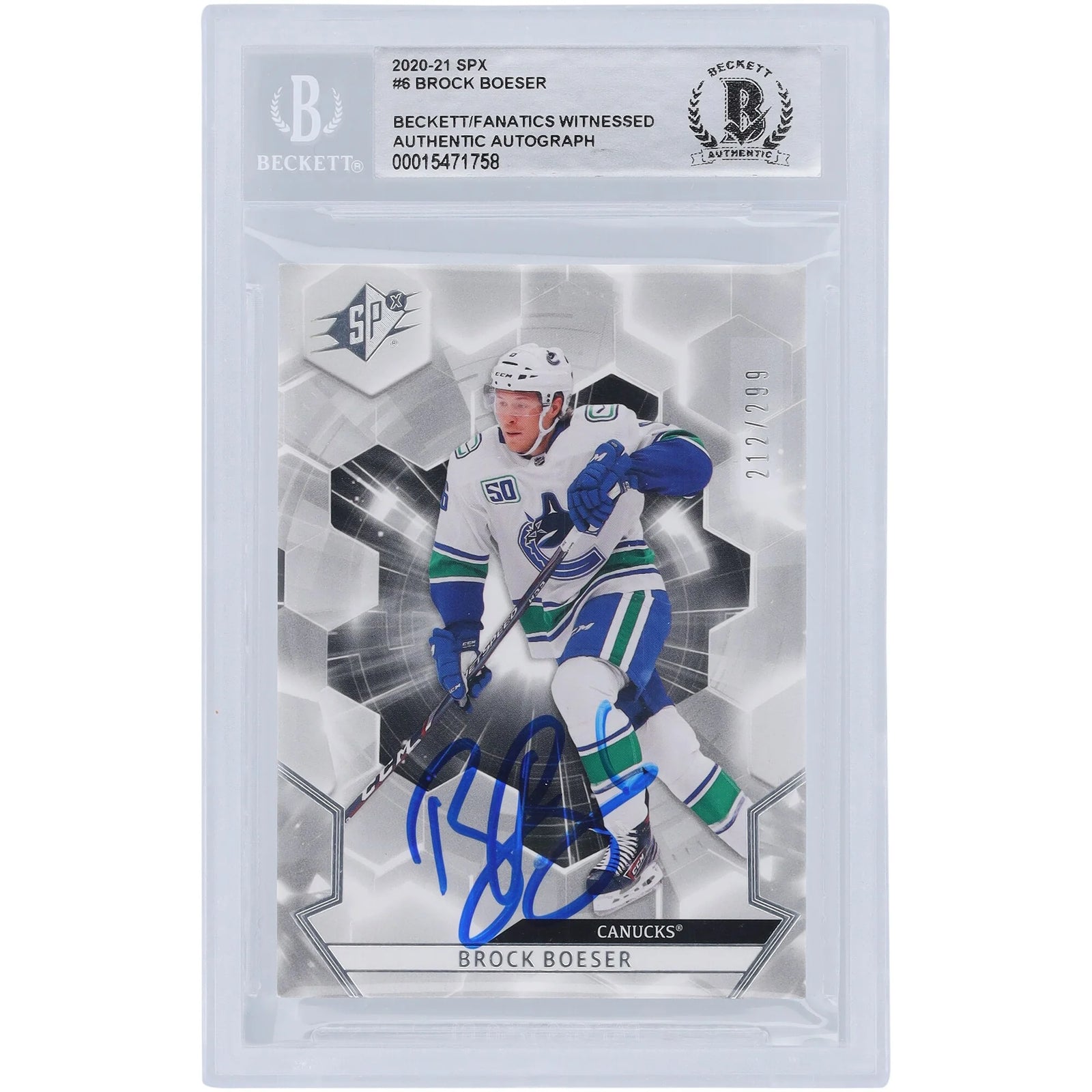 Brock Boeser Vancouver Canucks Autographed 2020-21 Upper Deck SPX #6 #/299 Beckett Fanatics Witnessed Authenticated Card - F2