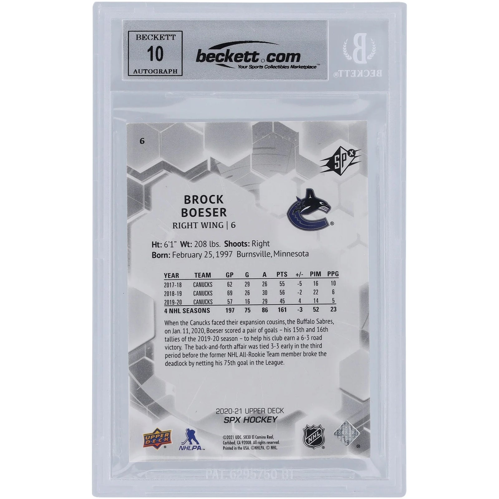 Brock Boeser Signed 2020-21 Upper Deck SPX #6 Card | Graded 10