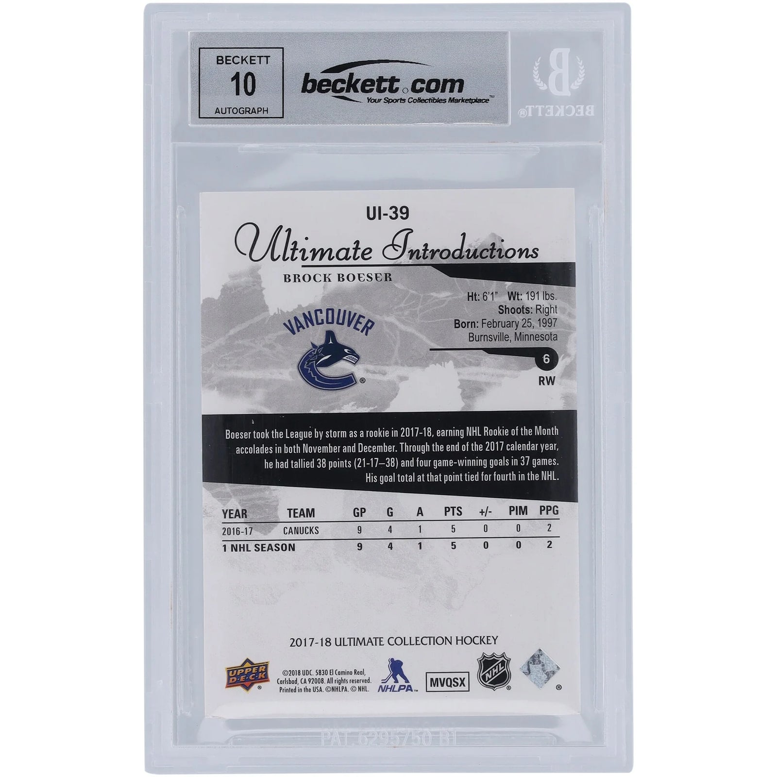 Brock Boeser Signed 2017-18 Upper Deck Ultimate Collection Rookie Card | Beckett 10