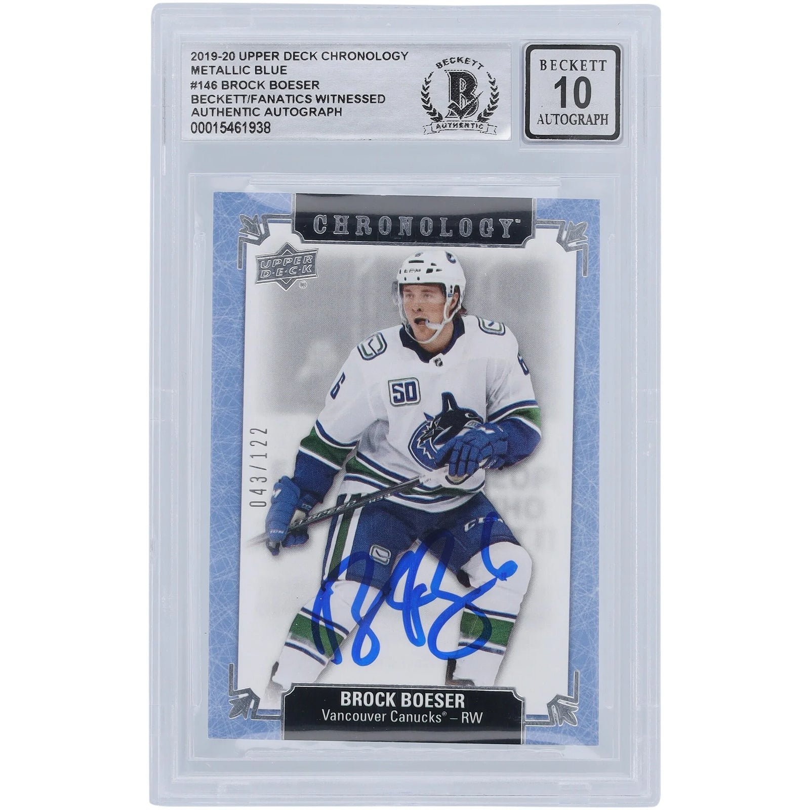 Brock Boeser Signed 2019-20 Upper Deck Chronology Card #146 | Beckett 10
