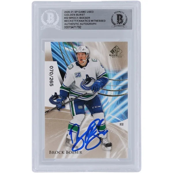 Brock Boeser Signed 2020-21 Upper Deck SP Game Used Golden Burst #22 Card | Beckett Authen