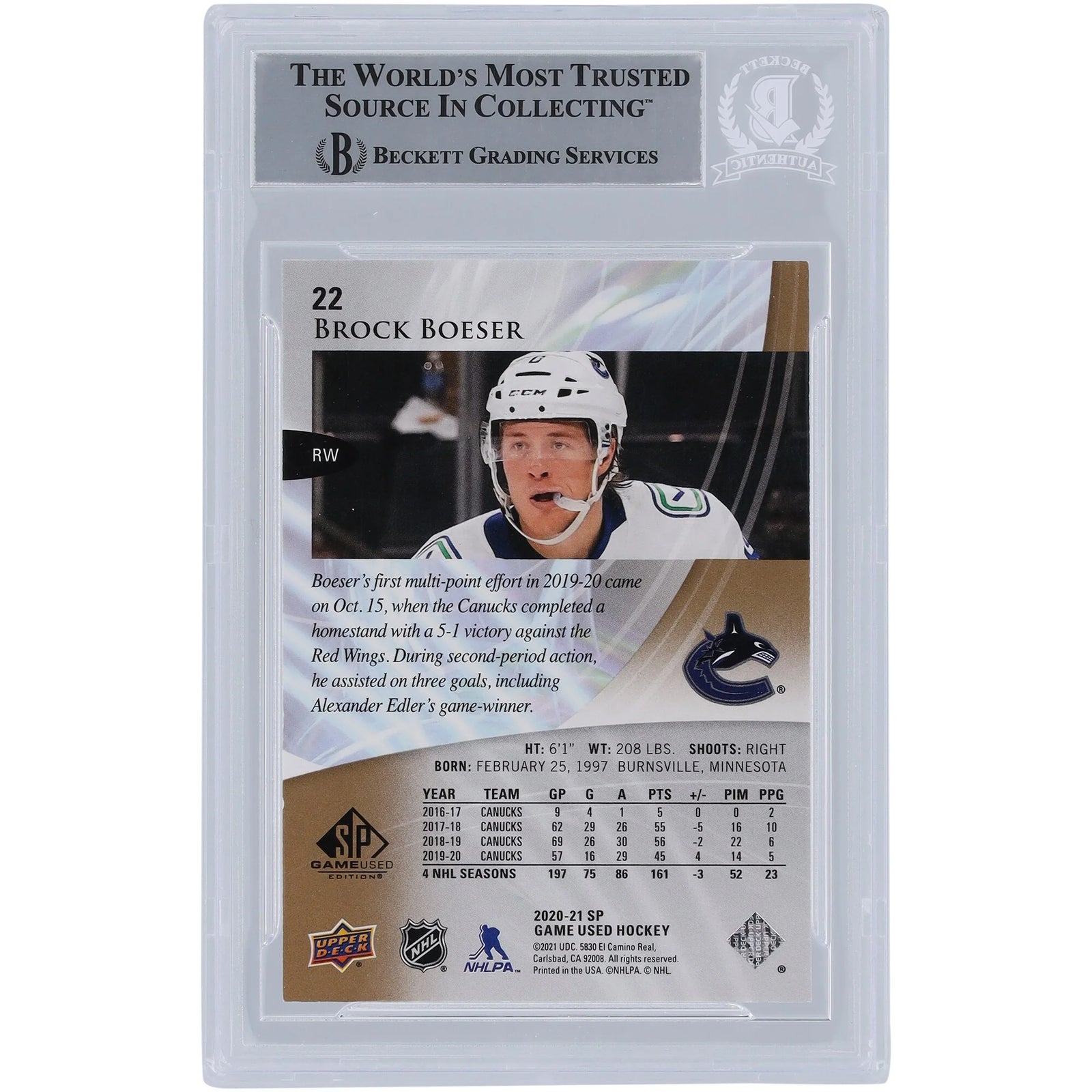 Brock Boeser Signed 2020-21 Upper Deck SP Game Used Golden Burst #22 Card | Beckett Authen