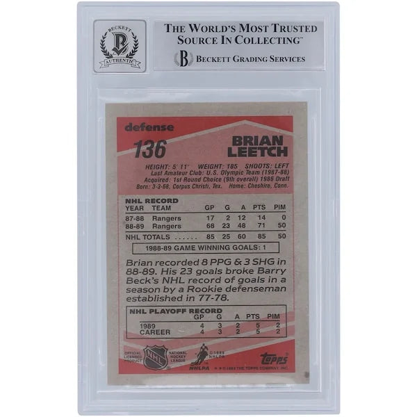 Brian Leetch Signed 1989-90 Topps #136 Rookie Card | Graded 10 with HOF 09 Inscription