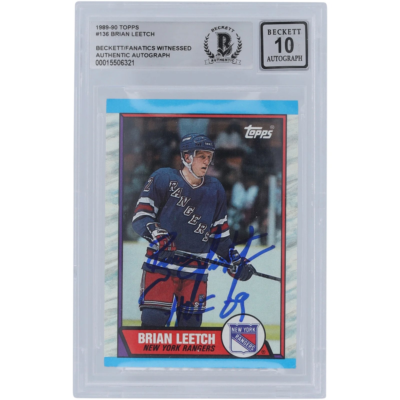Brian Leetch Signed 1989-90 Topps #136 Rookie Card | Graded 10 with HOF 09 Inscription