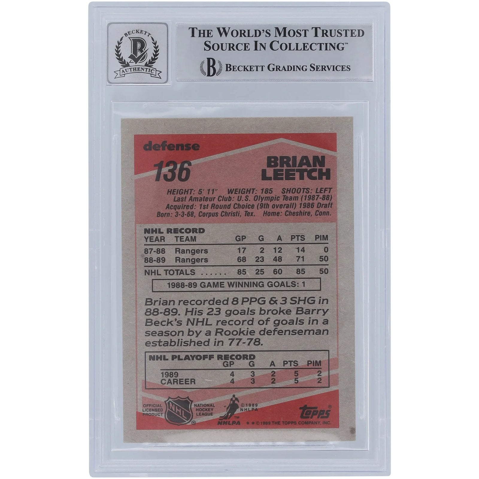 Brian Leetch Signed 1989-90 Topps #136 Rookie Card | Graded 10 with HOF 09 Inscription