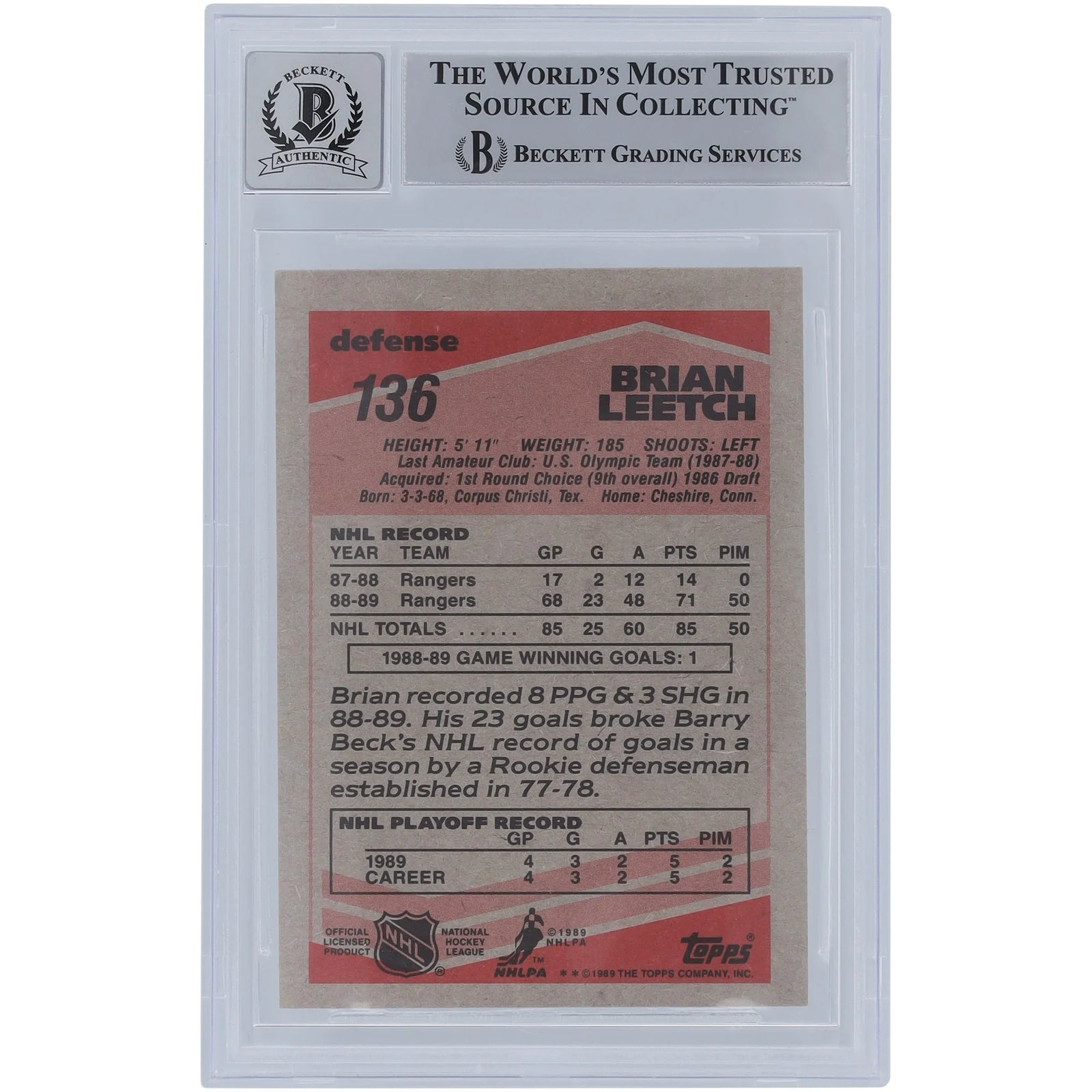 Brian Leetch Signed 1989-90 Topps #136 Rookie Card | Graded 10
