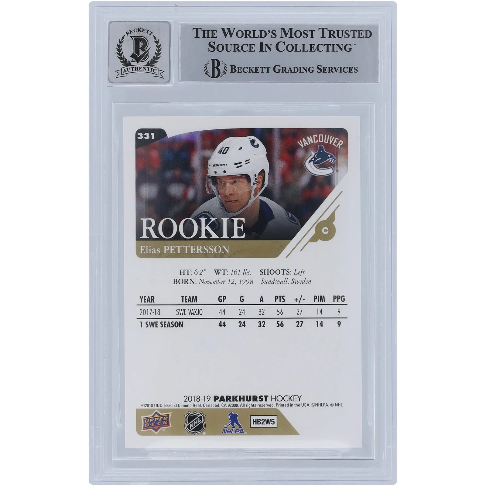 Elias Pettersson Signed 2018-19 Upper Deck Parkhurst #331 Rookie Card | Graded 10 with 2019 201