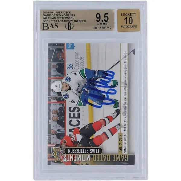 Elias Pettersson Signed 2018-19 Upper Deck Game Dated Moments Rookie #42 Card | Beckett 9.