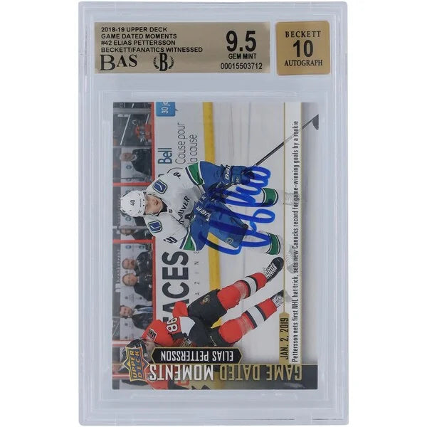 Elias Pettersson Signed 2018-19 Upper Deck Game Dated Moments Rookie #42 Card | Beckett 9.