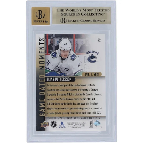 Elias Pettersson Signed 2018-19 Upper Deck Game Dated Moments Rookie #42 Card | Beckett 9.
