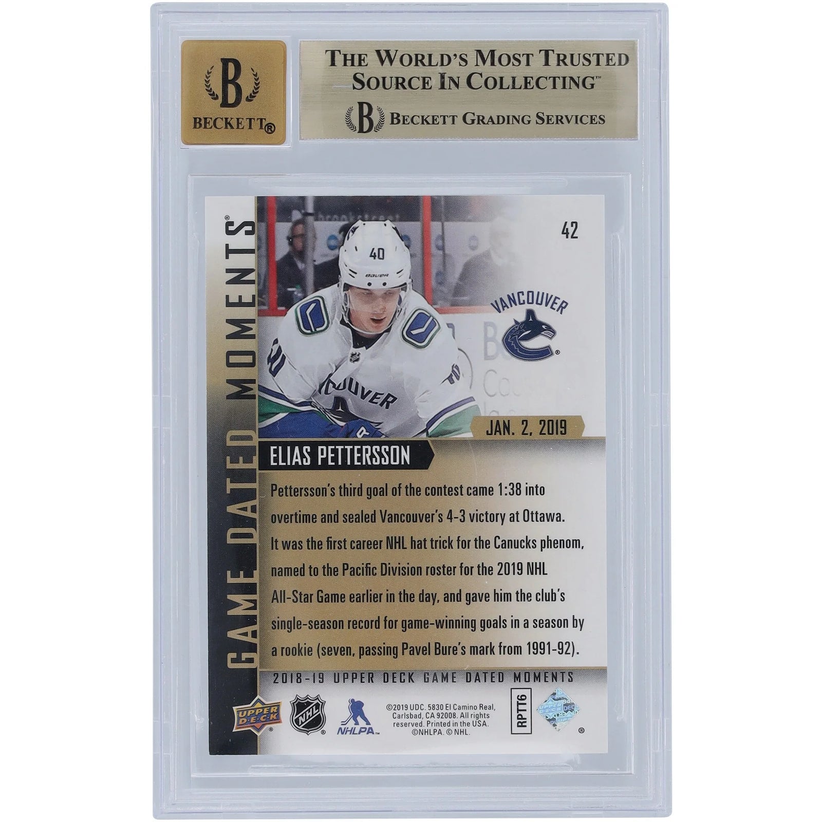 Elias Pettersson Signed 2018-19 Upper Deck Game Dated Moments Rookie #42 Card | Beckett 9.