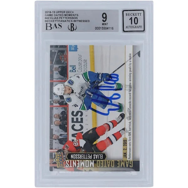 Elias Pettersson Signed 2018-19 Upper Deck Game Dated Moments #42 Rookie Card | Beckett 9