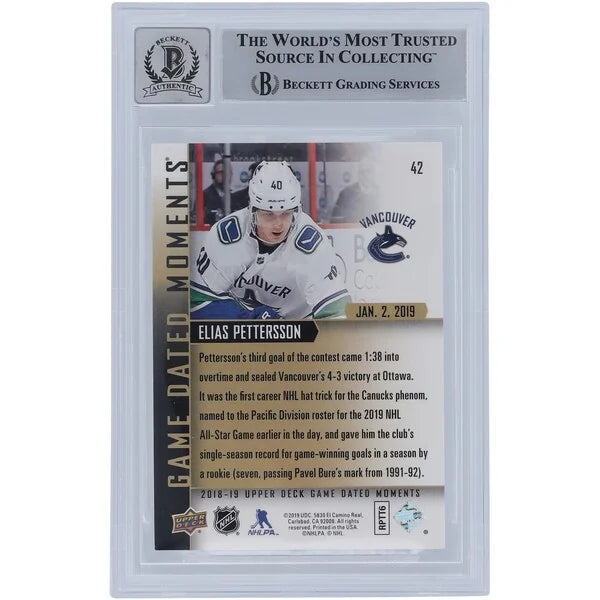 Elias Pettersson Signed 2018-19 Upper Deck Game Dated Moments #42 Rookie Card | Beckett 9