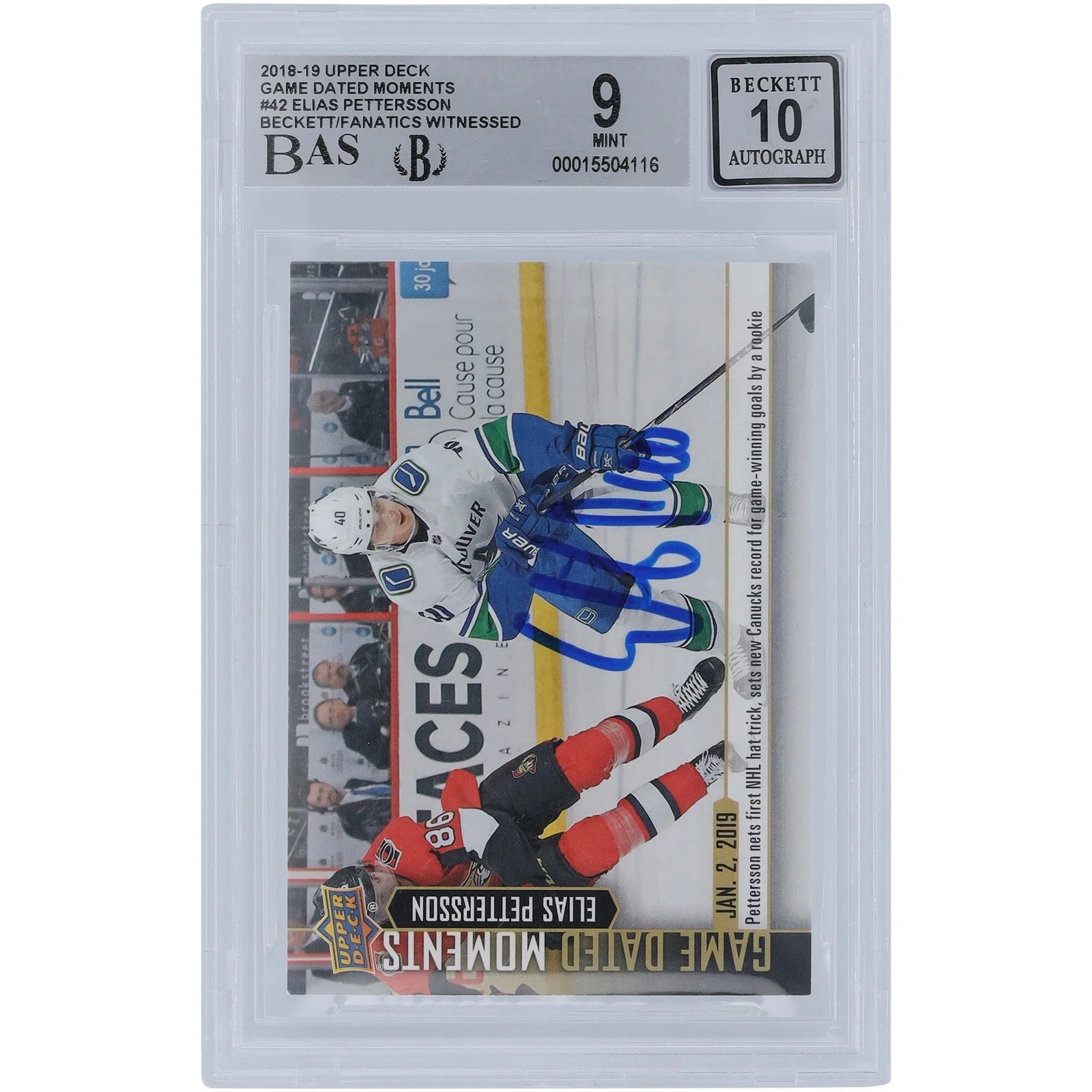 Elias Pettersson Signed 2018-19 Upper Deck Game Dated Moments #42 Rookie Card | Beckett 9
