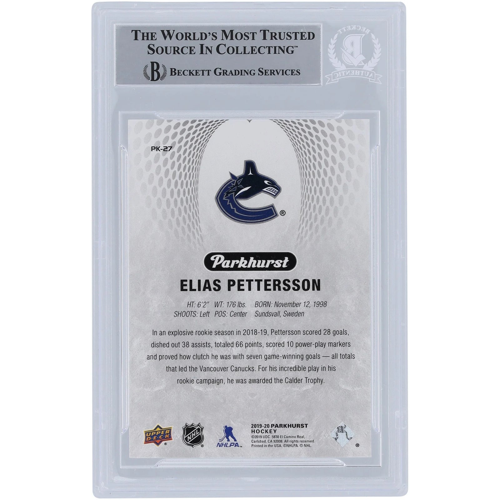 Elias Pettersson Vancouver Canucks Autographed 2019-20 Upper Deck Parkhurst Parkies #PK-27 Beckett Fanatics Witnessed Authenticated Card - F2