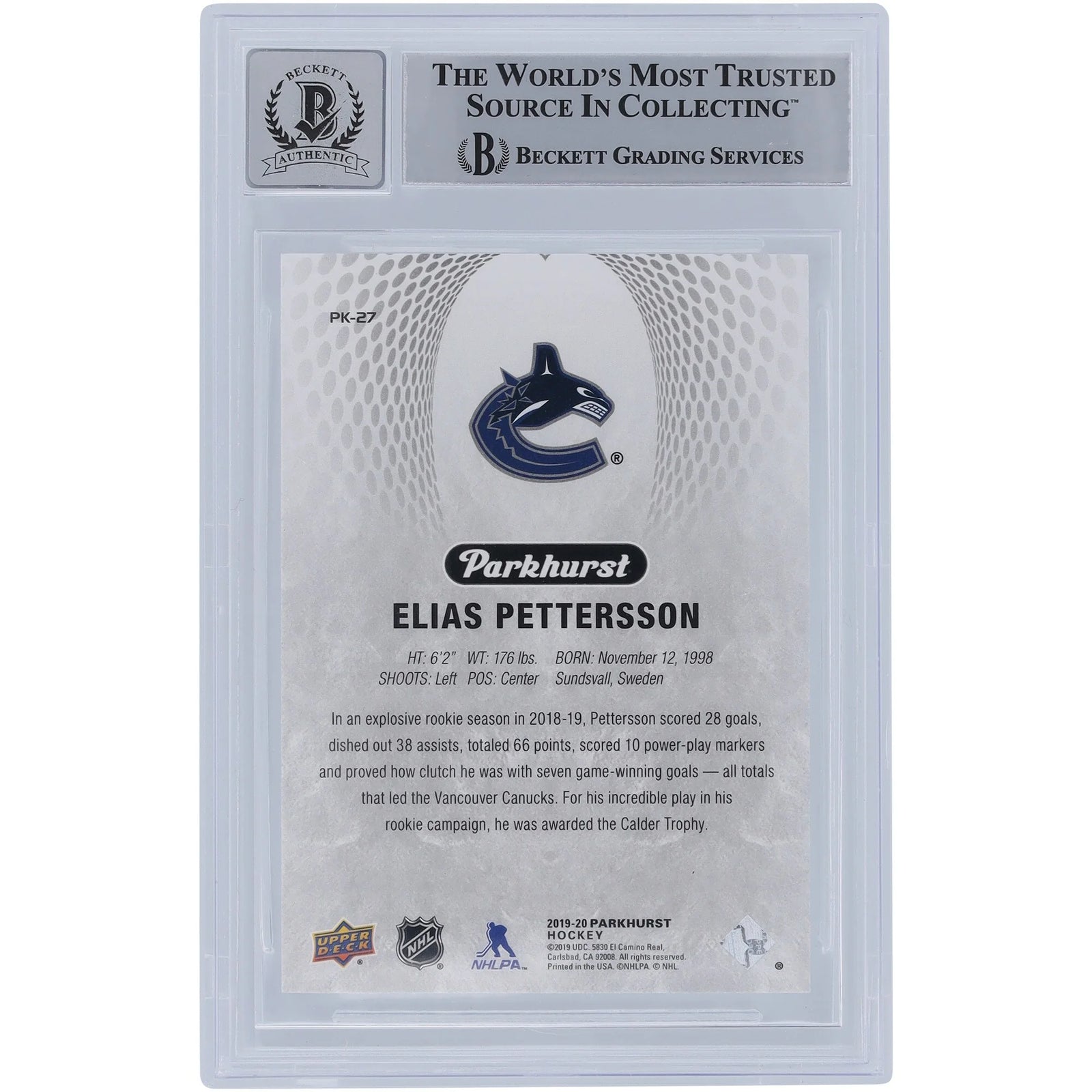 Elias Pettersson Signed 2019-20 Upper Deck Parkhurst Card | Beckett 10