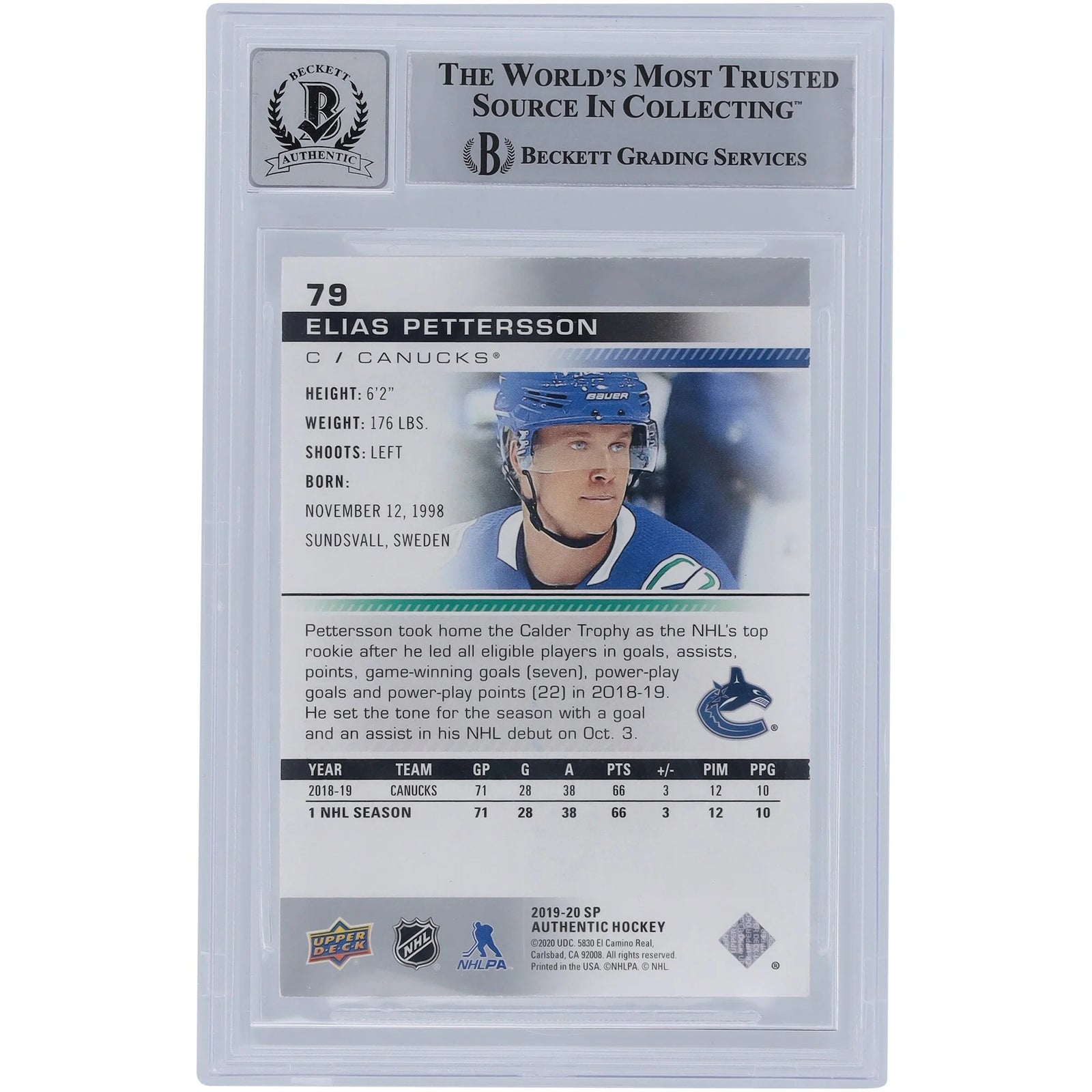 Elias Pettersson Signed 2019-20 Upper Deck SP Authentic #79 | Beckett 10