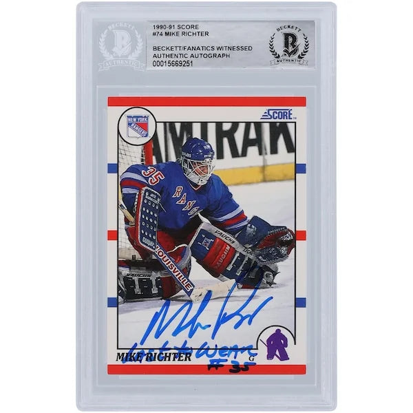Mike Richter New York Rangers Autographed 1990-91 Score #74 Beckett Fanatics Witnessed Authenticated Rookie Card with "LAST TO WEAR #35" Inscription - F2